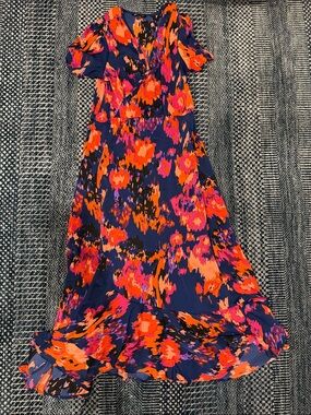 Vibrant Abstract Floral Maxi Wrap Dress - Navy with Neon Accents